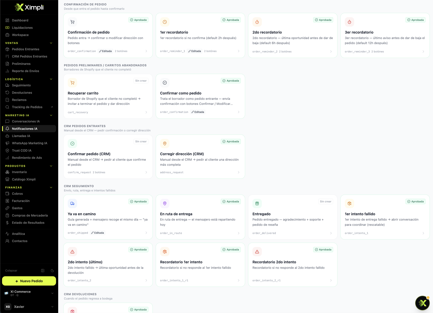 Módulo de Notificaciones IA en Ximpli: plantillas de WhatsApp aprobadas para confirmación de pedido, recordatorios, carritos abandonados, envío en camino, entrega e intentos fallidos